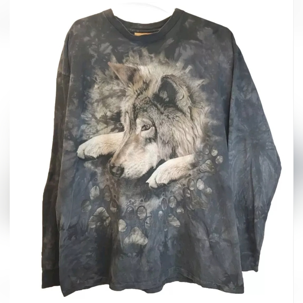 Vtg Y2k The Mountain Grey Wolf Graphic Tee Adult XL Crewneck TyeDye Grunge Navy